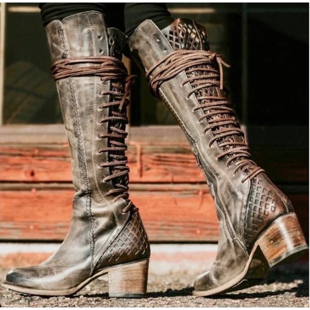 Freebird by Steven Carver Distressed Leather Lace Up Knee Boots 9